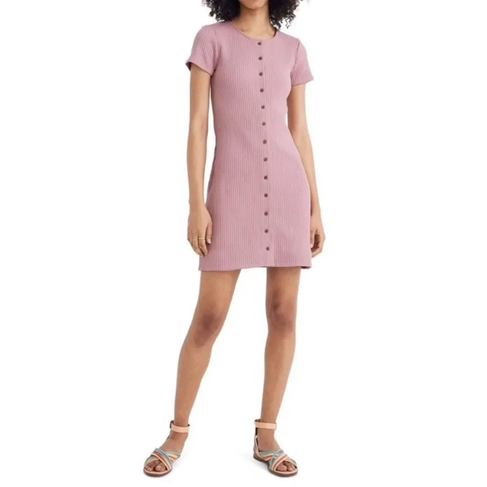 Madewell Ribbed Button-Front Short Sleeve Casual Mini Dress Pink Sz S